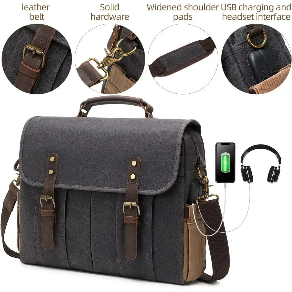 Men's Dark Grey Genuine Leather Canvas Water Resistant Satchel Shoulder Bag